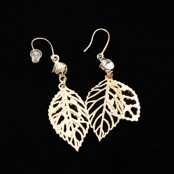 Gold-plated crystal double Leaf Drop earrings with silver post BOGO - Picture 11 of 14
